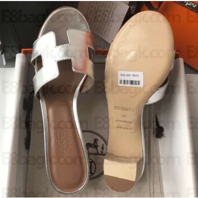 Hermes Heel 5cm Oasis Slipper Sandals in Metallic Leather Silver