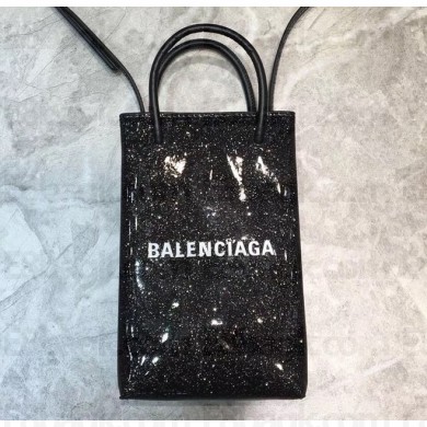 Balenciaga North-South Mini Shopping Phone Holder Bag in Patent Calfskin Black