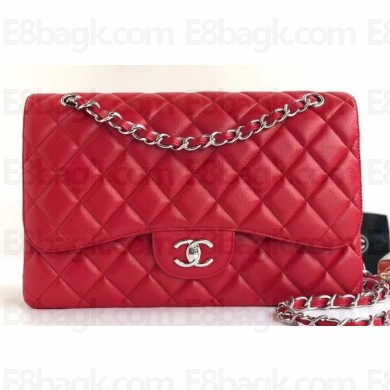 Chanel Grained Caviar Leather Jumbo Classic Flap Bag A1113 Red with Silver Hardware