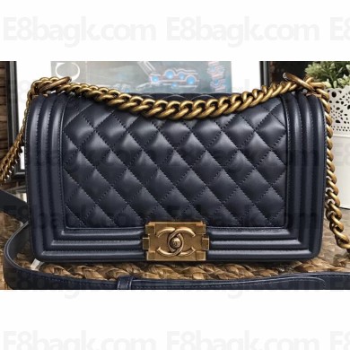 Chanel Lambskin Boy Flap Medium Bag Navy Blue/Gold