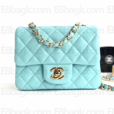 Chanel Lambskin Mini Classic Flap Bag A1115 Tiffany Blue/Gold