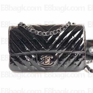 Chanel Patent Leather Small Classic Flap Bag A1116 Chevron Black