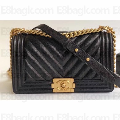 Chanel Caviar Leather Chevron Boy Flap Medium Bag Black/Gold