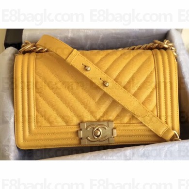 Chanel Caviar Leather Chevron Boy Flap Medium Bag Yellow/Gold
