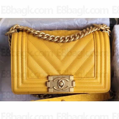 Chanel Caviar Leather Chevron Boy Flap Small Bag Yellow/Gold
