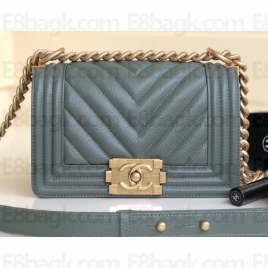 Chanel Caviar Leather Chevron Boy Flap Small Bag Gray Green/Gold