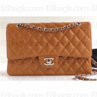 Chanel Grained Caviar Leather Medium Classic Flap Bag A1112 Caramel with Silver Hardware