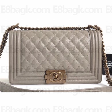 Chanel Caviar Leather Boy Flap Medium Bag Pale Gray/Gold