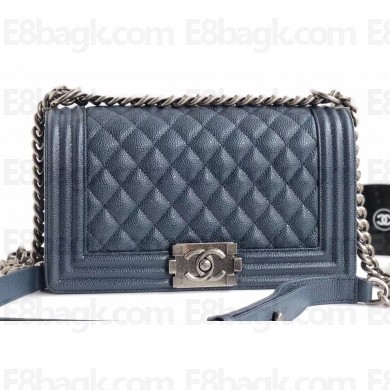 Chanel Caviar Leather Boy Flap Medium Bag Navy Blue
