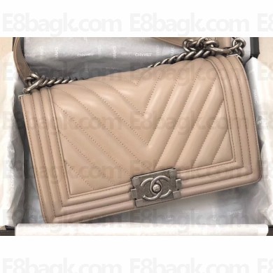 Chanel Lambskin Chevron Boy Flap Medium Bag Beige