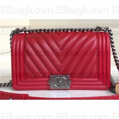 Chanel Caviar Leather Chevron Boy Flap Medium Bag Red/Silver