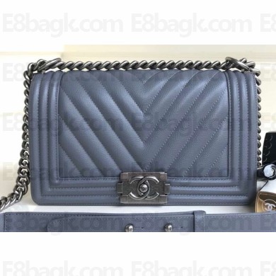 Chanel Caviar Leather Chevron Boy Flap Medium Bag Gray/Silver