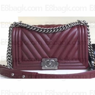 Chanel Caviar Leather Chevron Boy Flap Medium Bag Burgundy/Silver