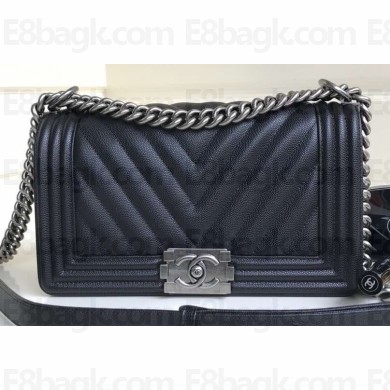 Chanel Caviar Leather Chevron Boy Flap Medium Bag Black/Silver