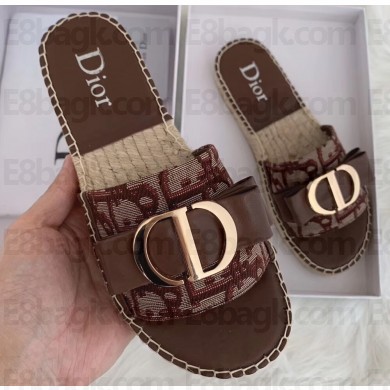 Dior Oblique CD Bow Canvas Espadrilles Slipper Sandals Burgundy 2020