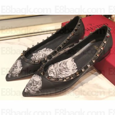 Valentino Chain Rose Print Undercover Rockstud Ballet Flats Ballerinas Black