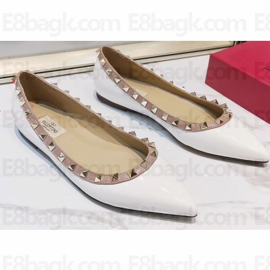 Valentino Rockstud Ballet Flats Ballerinas in Patent Leather White