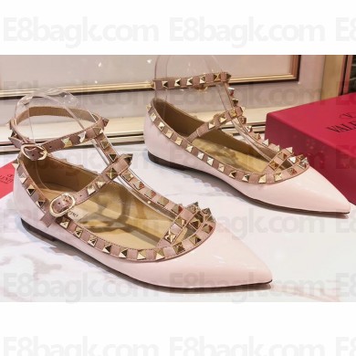 Valentino Rockstud Caged Ankle Strap Ballet Flats Ballerinas in Patent Leather Light Pink