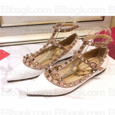 Valentino Rockstud Caged Ankle Strap Ballet Flats Ballerinas in Patent Leather White