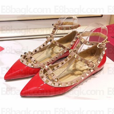 Valentino Rockstud Caged Ankle Strap Ballet Flats Ballerinas in Patent Leather Red