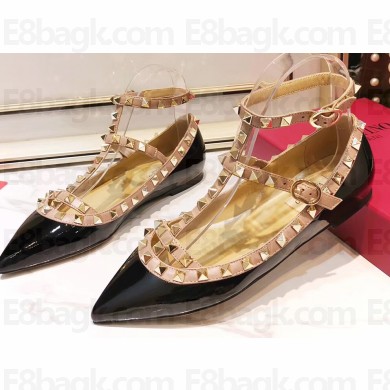 Valentino Rockstud Caged Ankle Strap Ballet Flats Ballerinas in Patent Leather Black