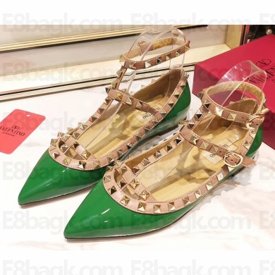 Valentino Rockstud Caged Ankle Strap Ballet Flats Ballerinas in Patent Leather Green