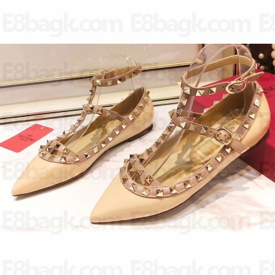Valentino Rockstud Caged Ankle Strap Ballet Flats Ballerinas in Patent Leather Beige