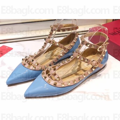 Valentino Rockstud Caged Ankle Strap Ballet Flats Ballerinas in Patent Leather Blue