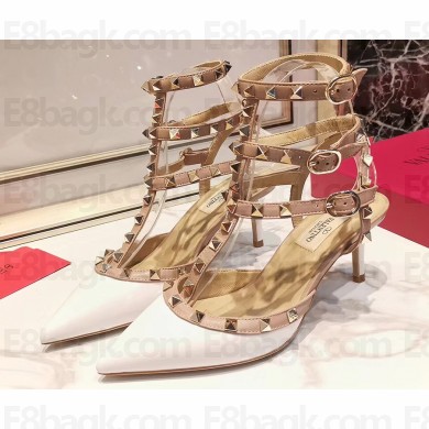 Valentino Heel 9.5cm Rockstud Caged Ankle Strap Pumps in Patent Leather White