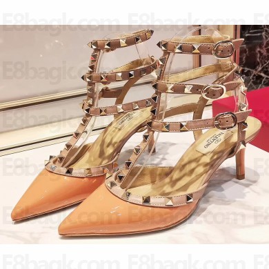 Valentino Heel 9.5cm Rockstud Caged Ankle Strap Pumps in Patent Leather Orange