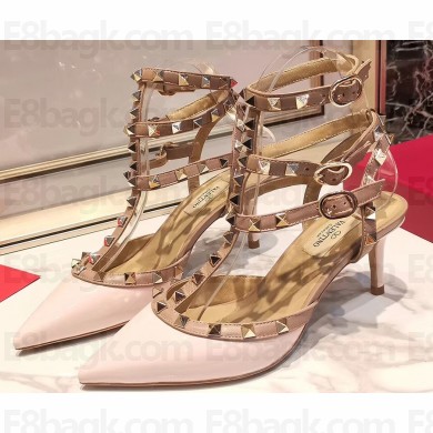 Valentino Heel 9.5cm Rockstud Caged Ankle Strap Pumps in Patent Leather Light Pink