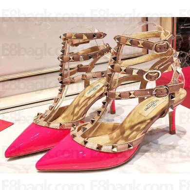Valentino Heel 9.5cm Rockstud Caged Ankle Strap Pumps in Patent Leather Rouge Pink