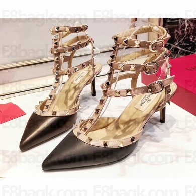 Valentino Heel 9.5cm Rockstud Caged Ankle Strap Pumps in Leather Black