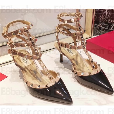 Valentino Heel 9.5cm Rockstud Caged Ankle Strap Pumps in Patent Leather Black