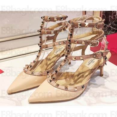 Valentino Heel 9.5cm Rockstud Caged Ankle Strap Pumps in Patent Leather Beige