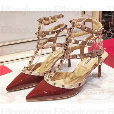 Valentino Heel 9.5cm Rockstud Caged Ankle Strap Pumps in Patent Leather Burgundy