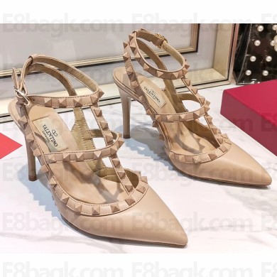 Valentino Heel 9.5cm Rockstud Caged Pumps in Leather Nude/Tonal Studs