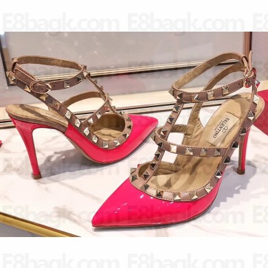 Valentino Heel 9.5cm Rockstud Caged Pumps in Patent Leather Rouge Pink