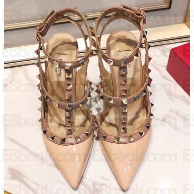 Valentino Heel 9.5cm Rockstud Caged Pumps in Patent Leather Beige