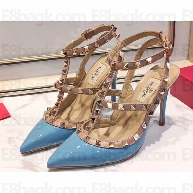 Valentino Heel 9.5cm Rockstud Caged Pumps in Patent Leather Blue