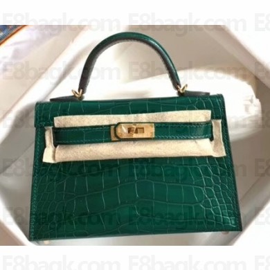 Hermes Mini Kelly II Bag in Alligator Embossed Leather Half Handmade Green