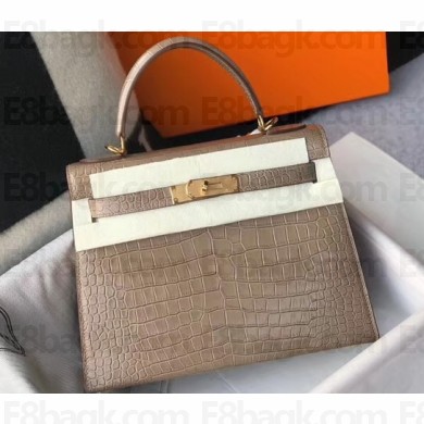 Hermes Kelly 25cm/28cm Bag in Alligator Embossed Leather Etoupe