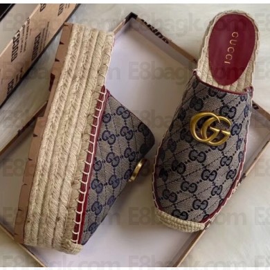 Gucci GG Matelassé Canvas Platform Espadrilles Slippers Blue 2020