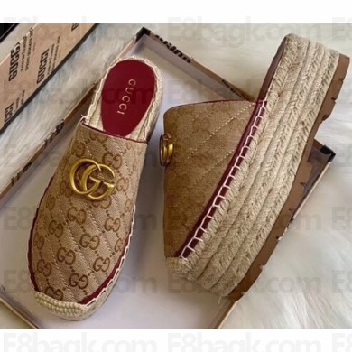 Gucci GG Matelassé Canvas Platform Espadrilles Slippers Beige/Burgundy 2020