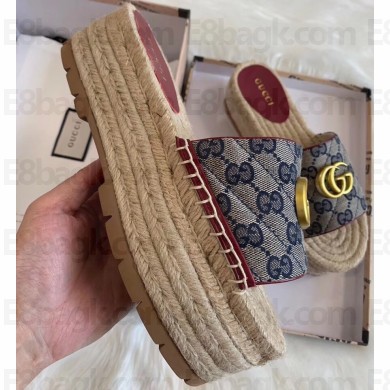 Gucci GG Matelassé Canvas Platform Espadrilles Slides Sandals Blue 2020