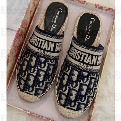 Dior Granville Oblique Embroidered Cotton Espadrilles Mules Dark Blue 2020