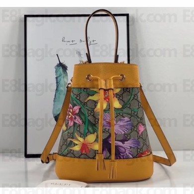 Gucci Ophidia GG Small Bucket Top Handle Bag 550621 Flora Print Yellow
