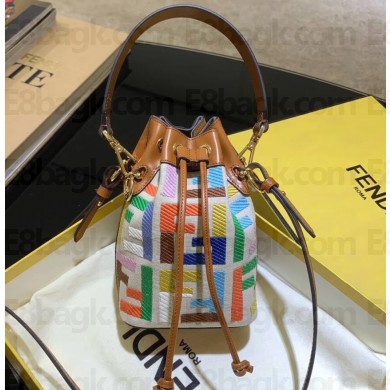 Fendi Multicolor Thread Embroidered FF Mon Tresor Mini Bucket Bag Beige Canvas 2020