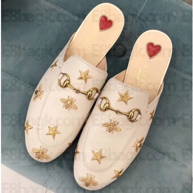 Gucci Women's Princetown Horsebit Slipper Embroidered Bees and Stars White