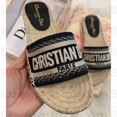 Dior Granville Oblique Embroidered Cotton Espadrilles Slipper Sandals Black 2020